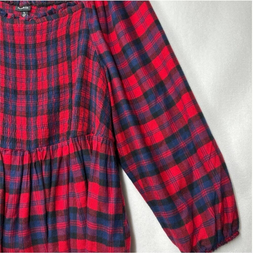 Torrid Red Smocked Babydoll Top Flannel Buffalo Plaid Sz 3 / 3X Puff Sleeve - Picture 5 of 12